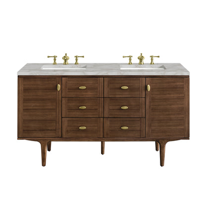 James Martin Vanities Amberly 60" Mid-Century Walnut Double Vanity With 3 cm Victorian Silver Top and FreePower Wireless Charger