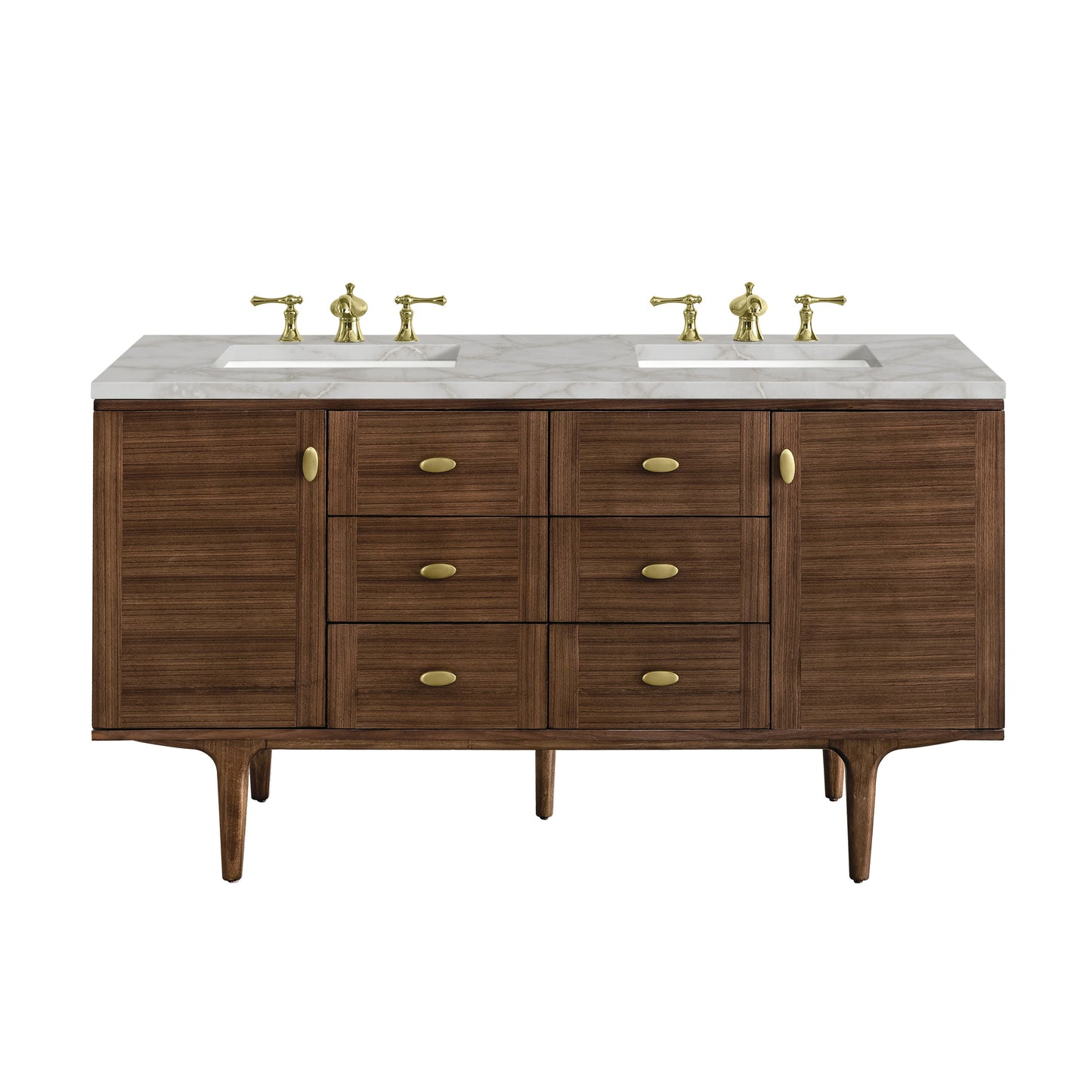 James Martin Vanities Amberly 60" Mid-Century Walnut Double Vanity With 3 cm Victorian Silver Top