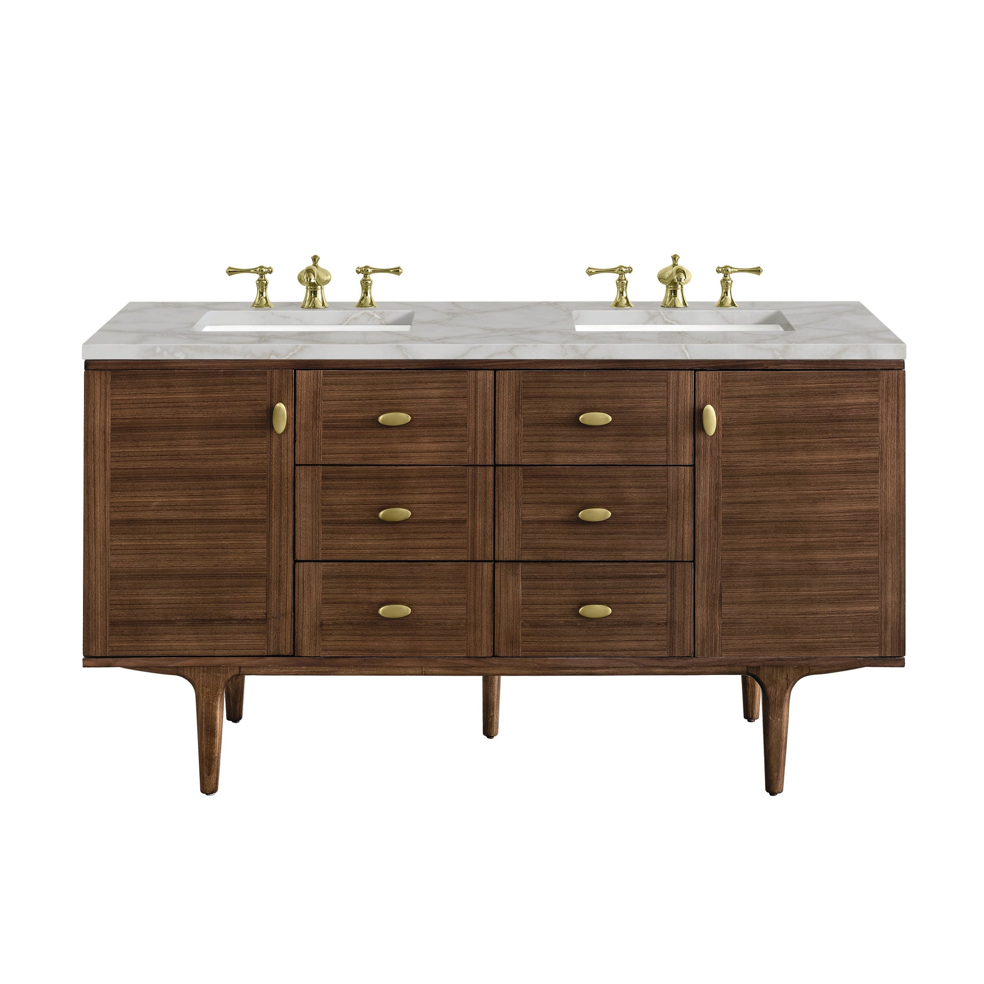 James Martin Vanities Amberly 60" Mid-Century Walnut Double Vanity With 3 cm Victorian Silver Top