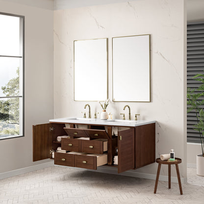 James Martin Vanities Amberly 60" Mid-Century Walnut Double Vanity With 3 cm White Zeus Top