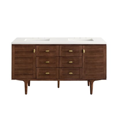 James Martin Vanities Amberly 60" Mid-Century Walnut Double Vanity With 3 cm White Zeus Top