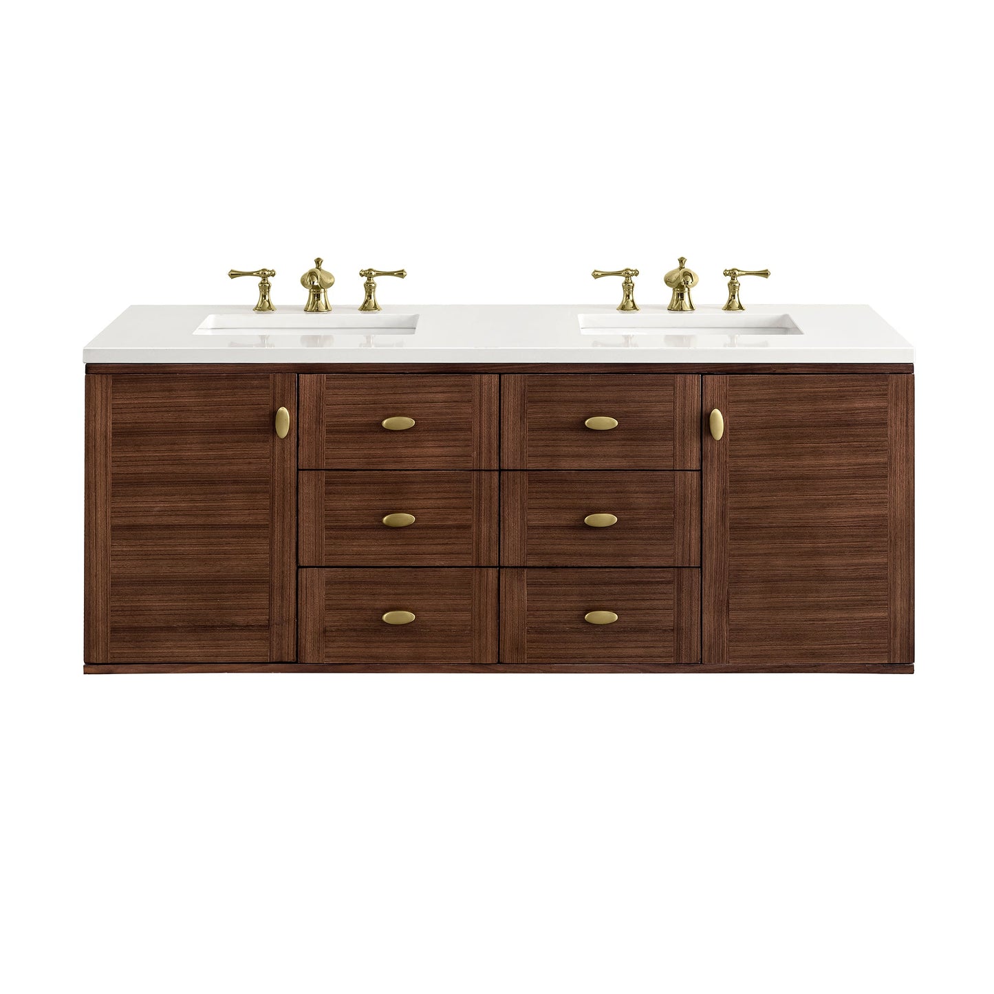 James Martin Vanities Amberly 60" Mid-Century Walnut Double Vanity With 3 cm White Zeus Top