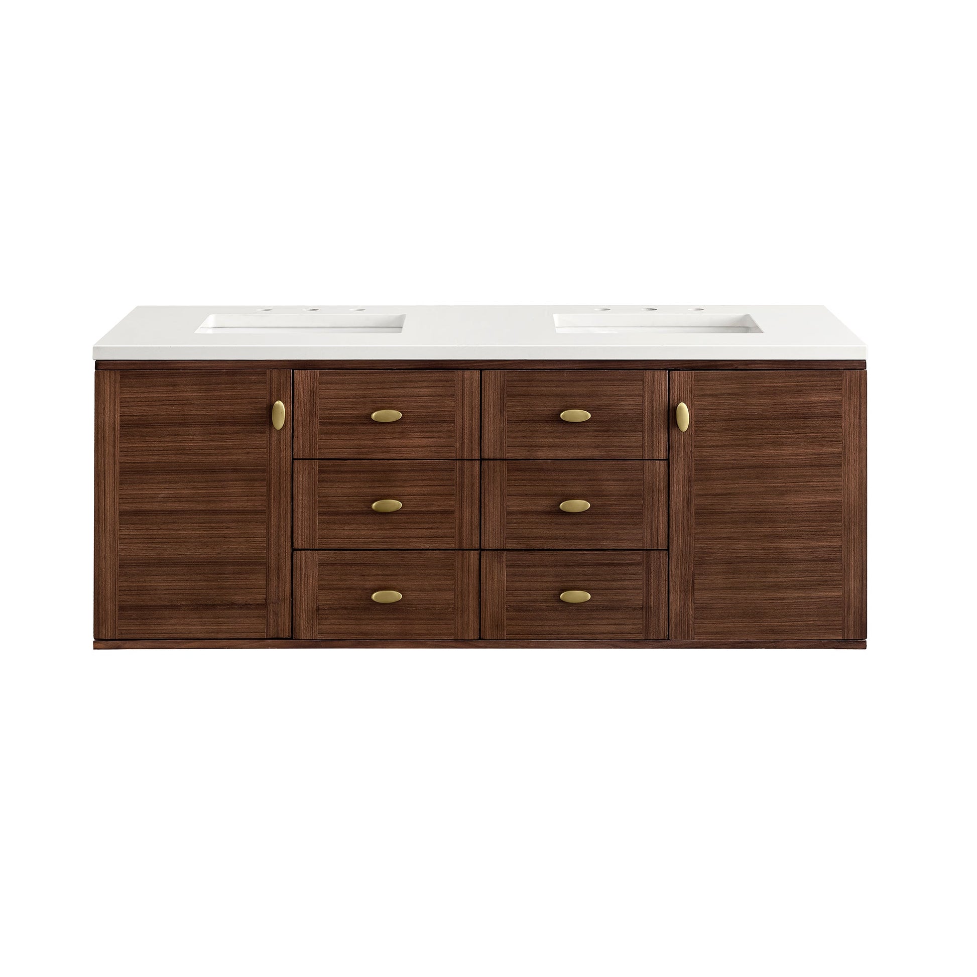 James Martin Vanities Amberly 60" Mid-Century Walnut Double Vanity With 3 cm White Zeus Top