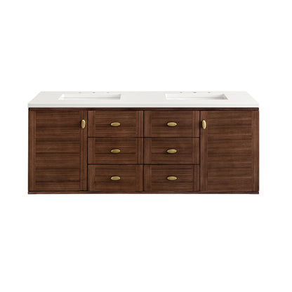 James Martin Vanities Amberly 60" Mid-Century Walnut Double Vanity With 3 cm White Zeus Top