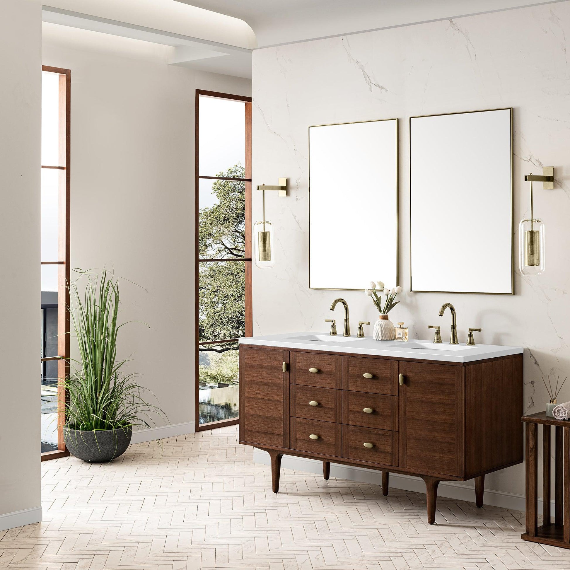 James Martin Vanities Amberly 60" Mid-Century Walnut Double Vanity With 3 cm White Zeus Top