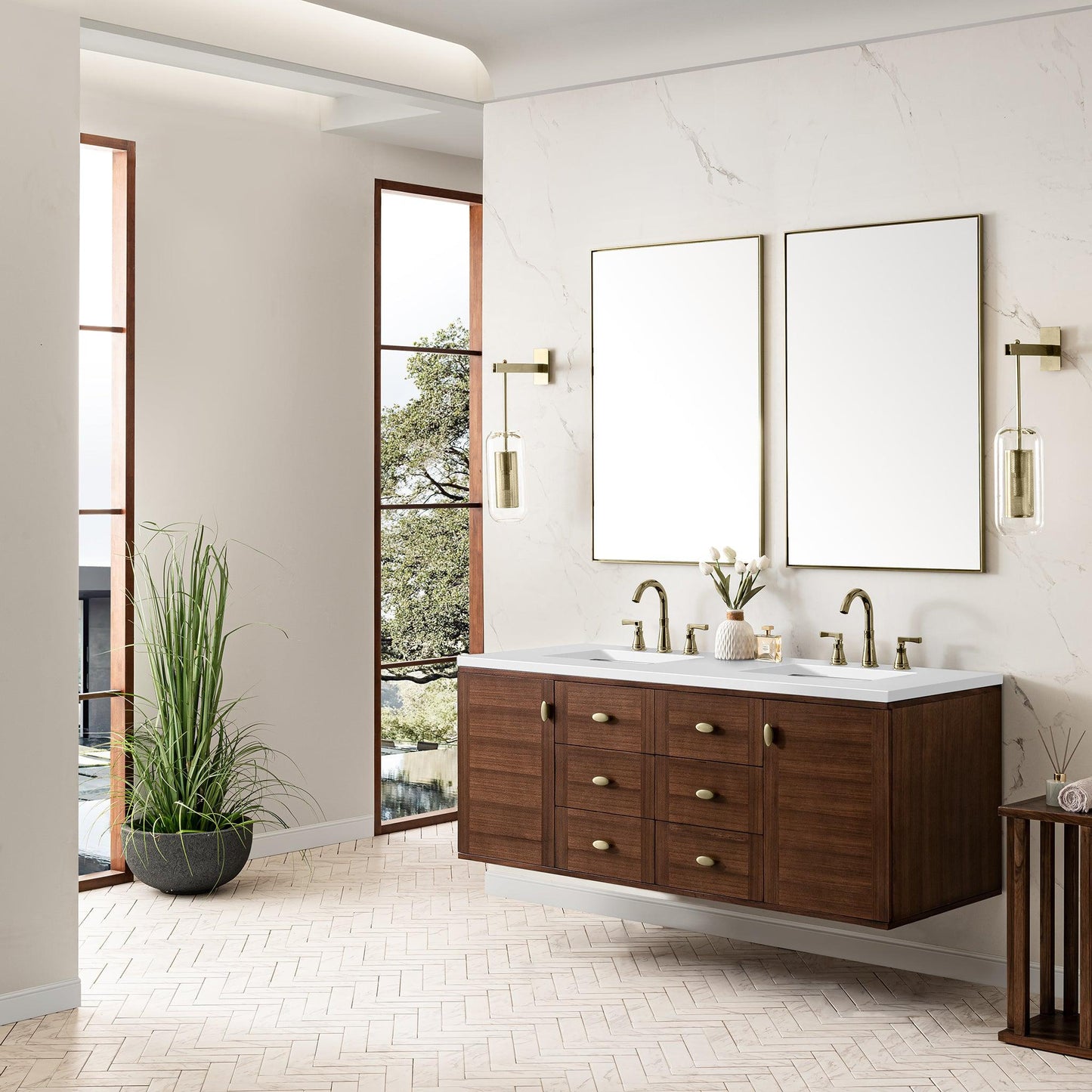 James Martin Vanities Amberly 60" Mid-Century Walnut Double Vanity With 3 cm White Zeus Top