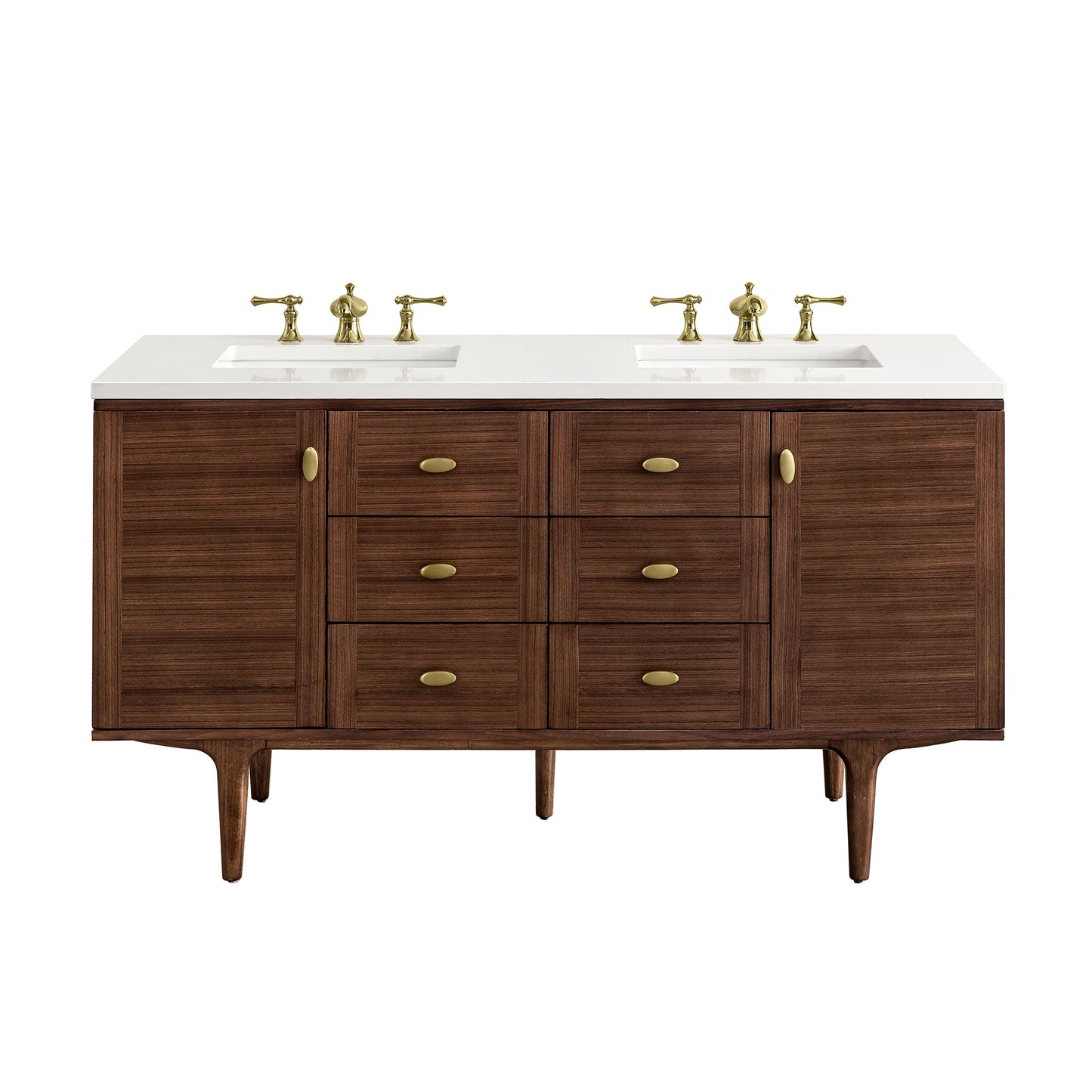 James Martin Vanities Amberly 60" Mid-Century Walnut Double Vanity With 3 cm White Zeus Top