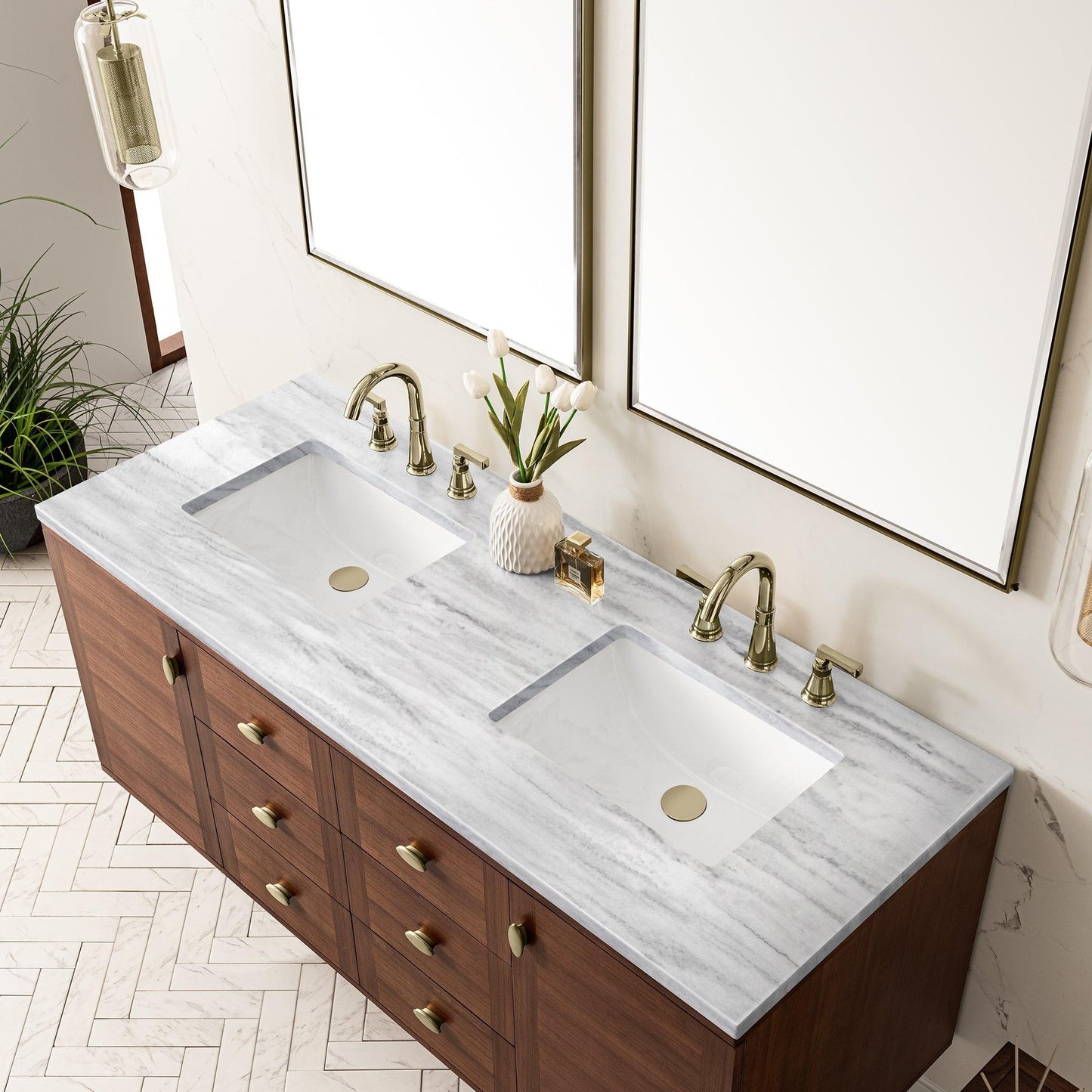 James Martin Vanities Amberly 60" Mid-Century Walnut Double Vanity With 3cm Arctic Fall Top