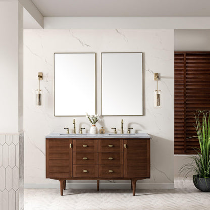 James Martin Vanities Amberly 60" Mid-Century Walnut Double Vanity With 3cm Arctic Fall Top