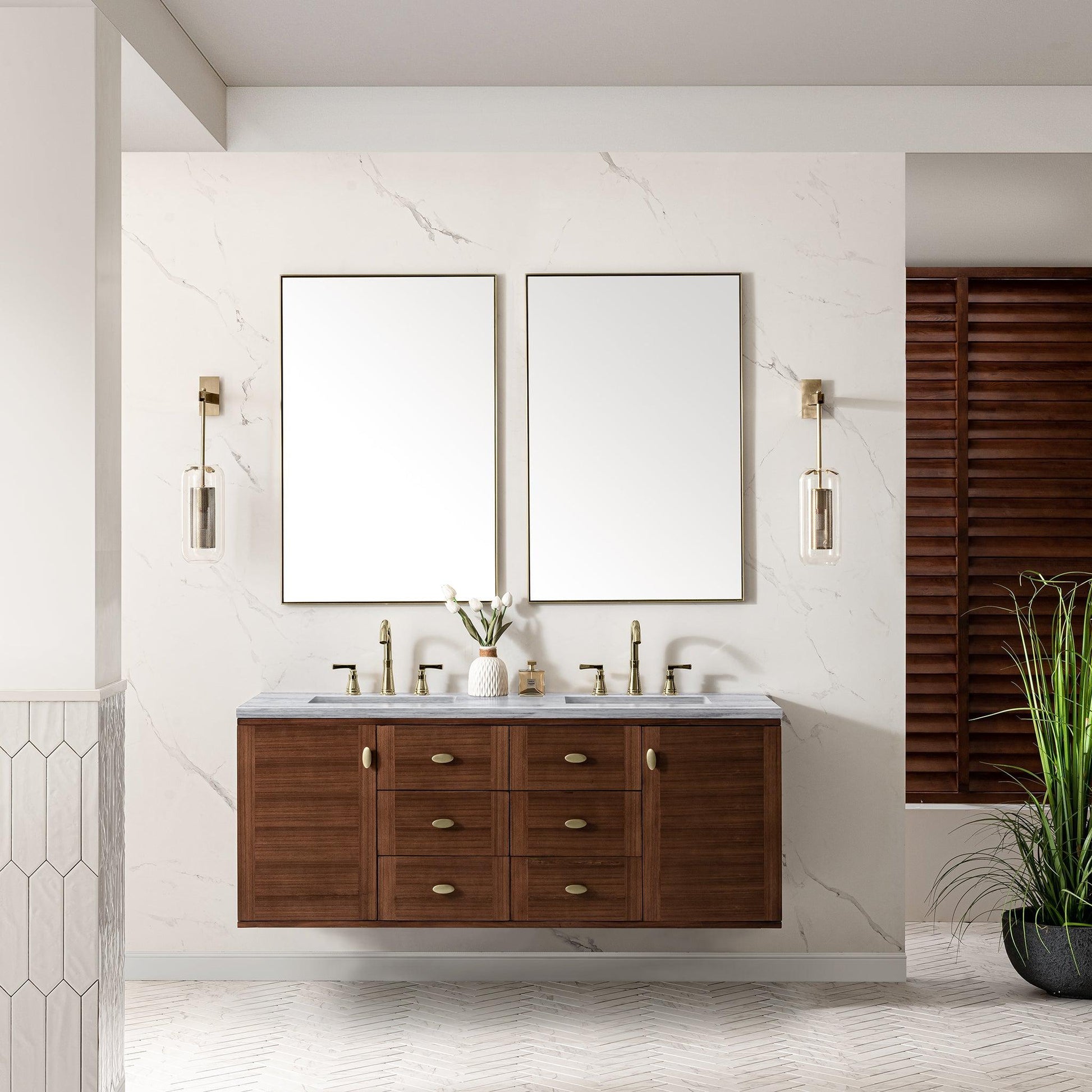 James Martin Vanities Amberly 60" Mid-Century Walnut Double Vanity With 3cm Arctic Fall Top