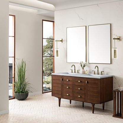 James Martin Vanities Amberly 60" Mid-Century Walnut Double Vanity With 3cm Arctic Fall Top