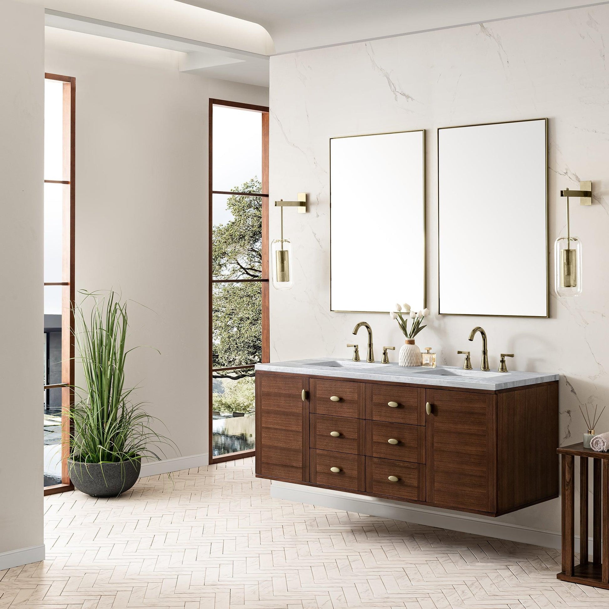 James Martin Vanities Amberly 60" Mid-Century Walnut Double Vanity With 3cm Arctic Fall Top