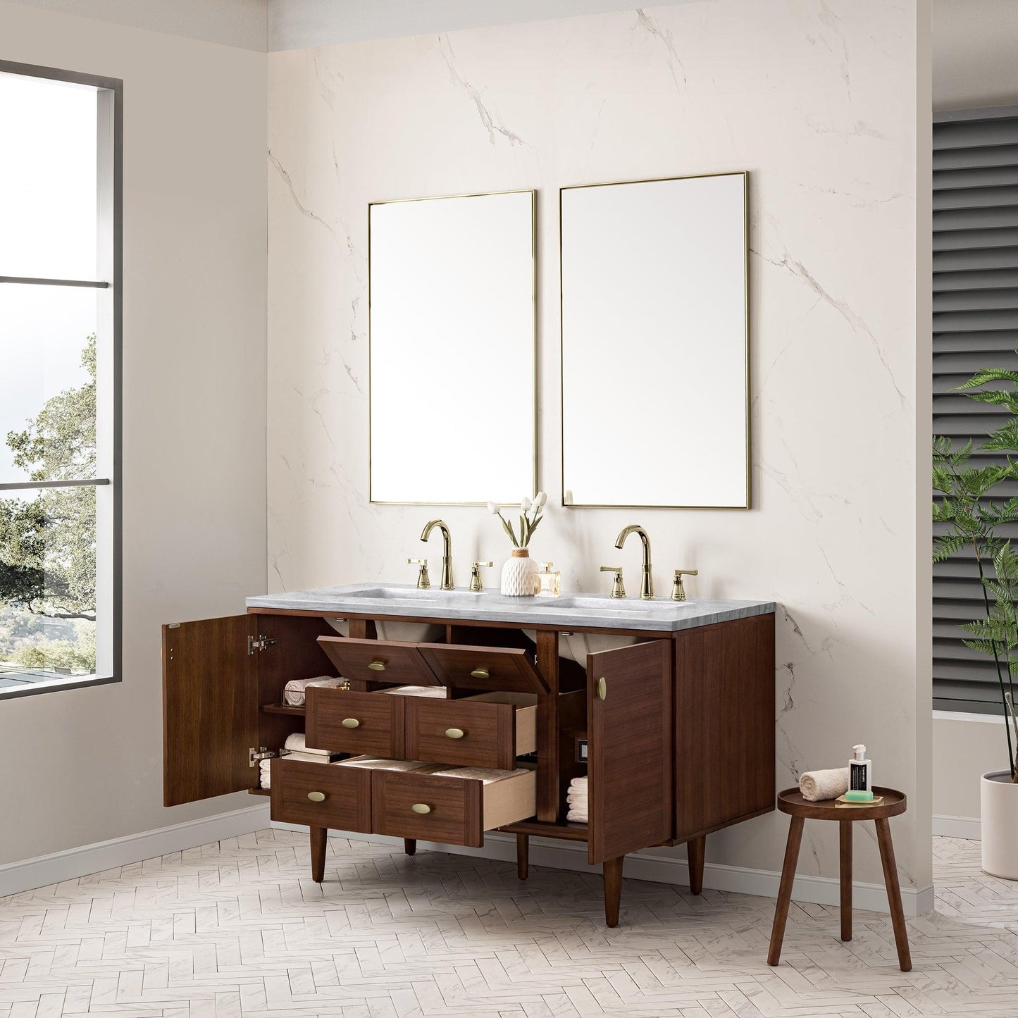 James Martin Vanities Amberly 60" Mid-Century Walnut Double Vanity With 3cm Arctic Fall Top