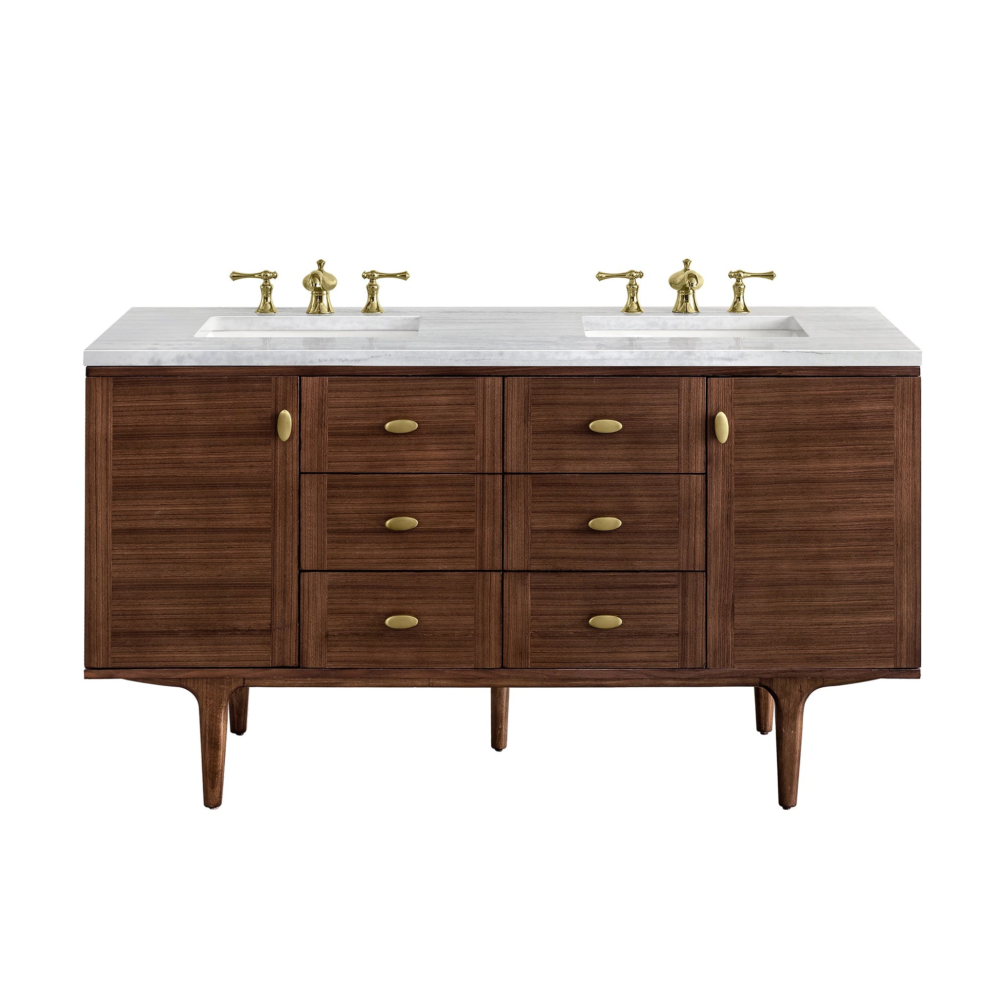 James Martin Vanities Amberly 60" Mid-Century Walnut Double Vanity With 3cm Arctic Fall Top