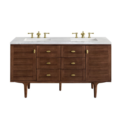 James Martin Vanities Amberly 60" Mid-Century Walnut Double Vanity With 3cm Arctic Fall Top