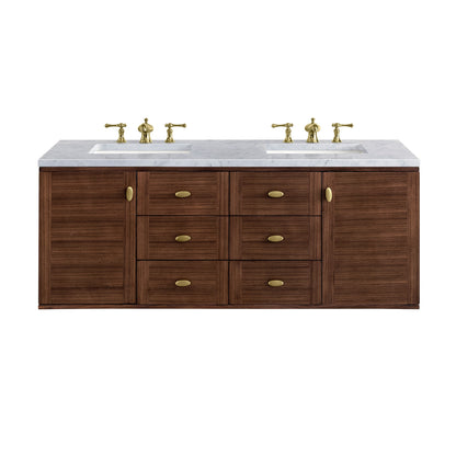 James Martin Vanities Amberly 60" Mid-Century Walnut Double Vanity With 3cm Carrara Marble Top