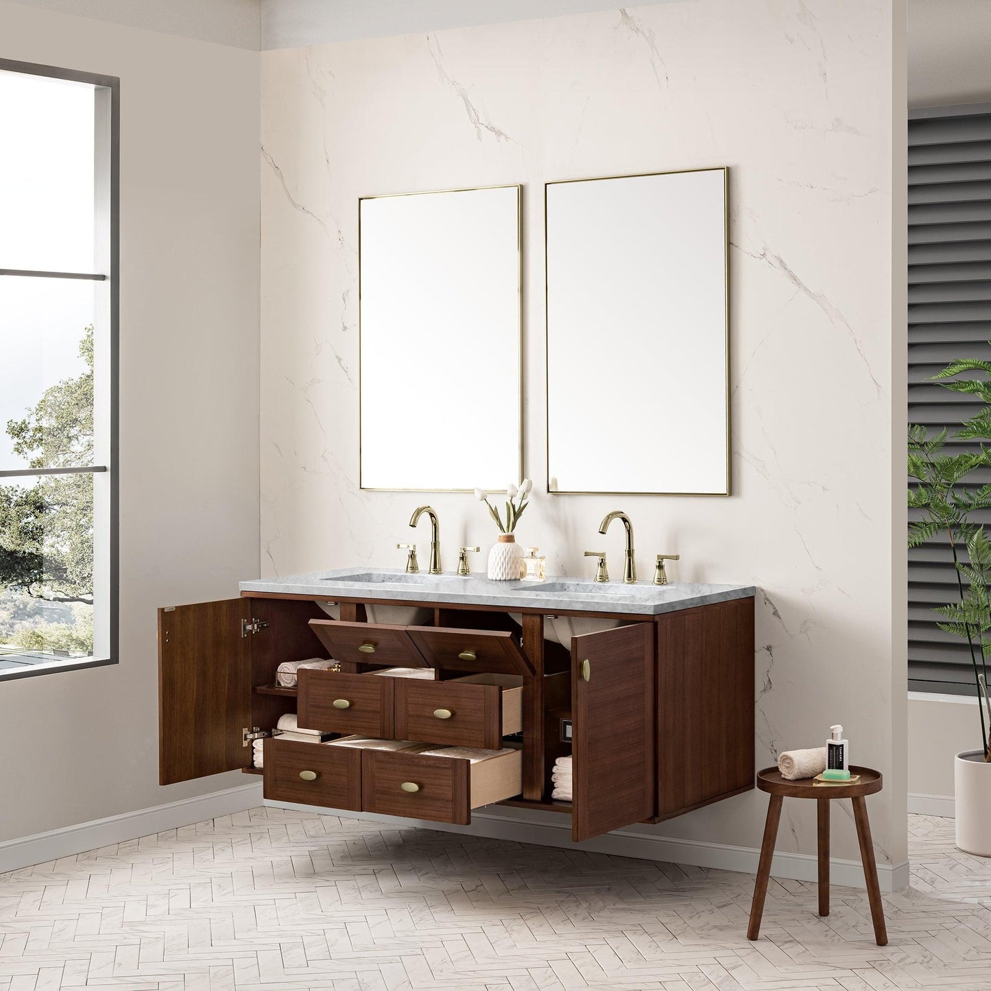 James Martin Vanities Amberly 60" Mid-Century Walnut Double Vanity With 3cm Carrara Marble Top