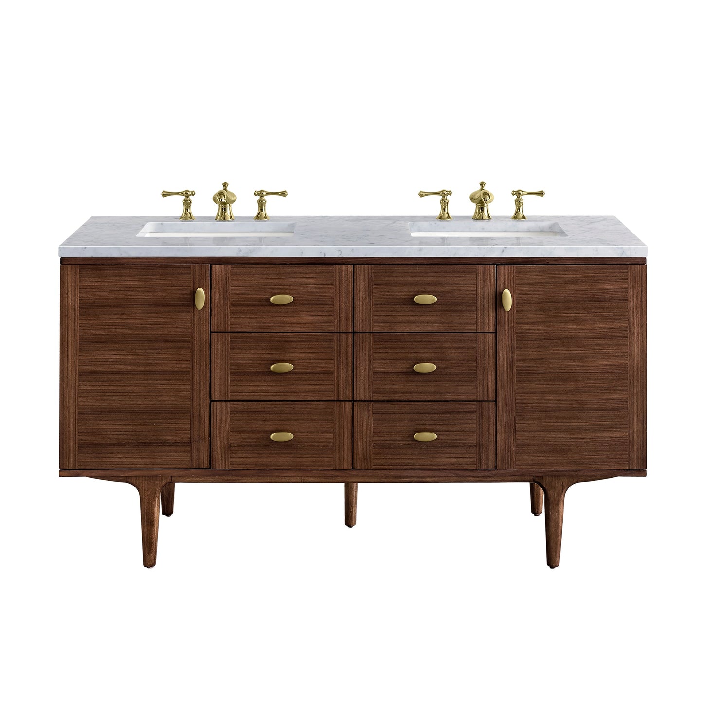 James Martin Vanities Amberly 60" Mid-Century Walnut Double Vanity With 3cm Carrara Marble Top