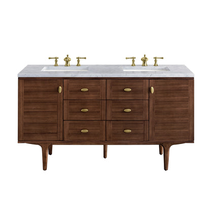 James Martin Vanities Amberly 60" Mid-Century Walnut Double Vanity With 3cm Carrara Marble Top