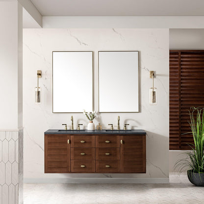 James Martin Vanities Amberly 60" Mid-Century Walnut Double Vanity With 3cm Charcoal Soapstone Top