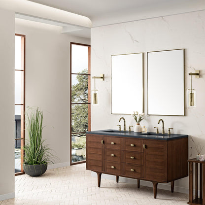 James Martin Vanities Amberly 60" Mid-Century Walnut Double Vanity With 3cm Charcoal Soapstone Top