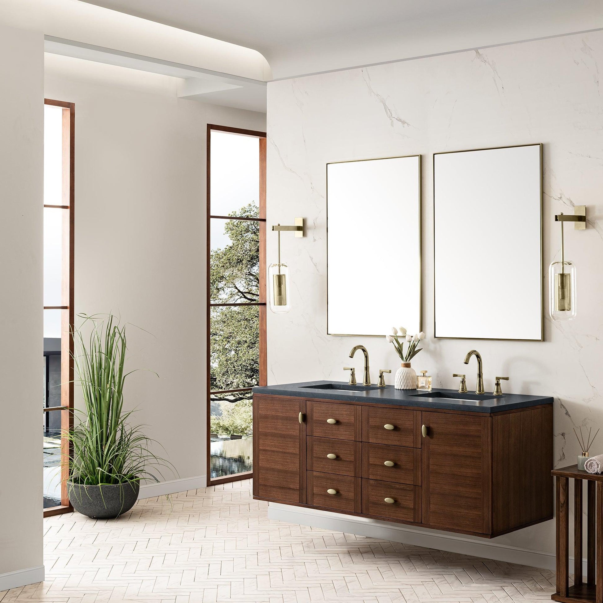 James Martin Vanities Amberly 60" Mid-Century Walnut Double Vanity With 3cm Charcoal Soapstone Top