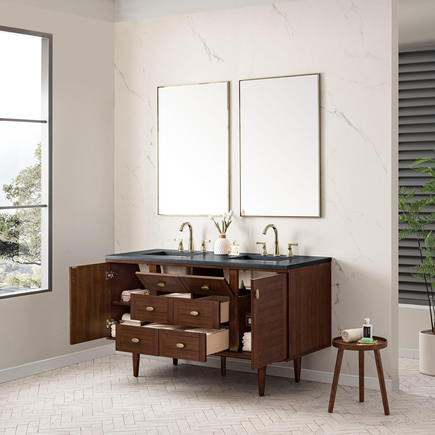 James Martin Vanities Amberly 60" Mid-Century Walnut Double Vanity With 3cm Charcoal Soapstone Top