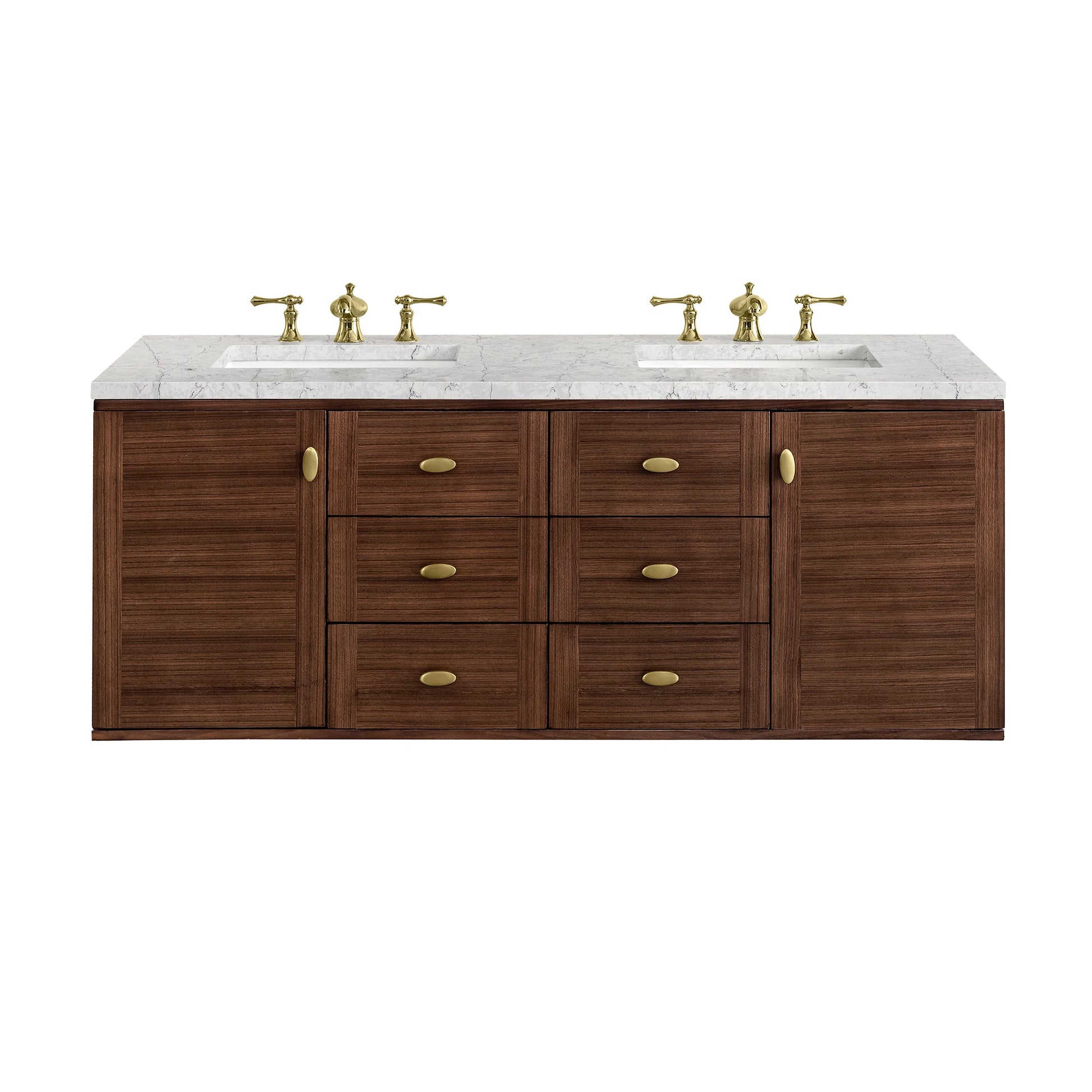 James Martin Vanities Amberly 60" Mid-Century Walnut Double Vanity With 3cm Eternal Jasmine Pearl Top