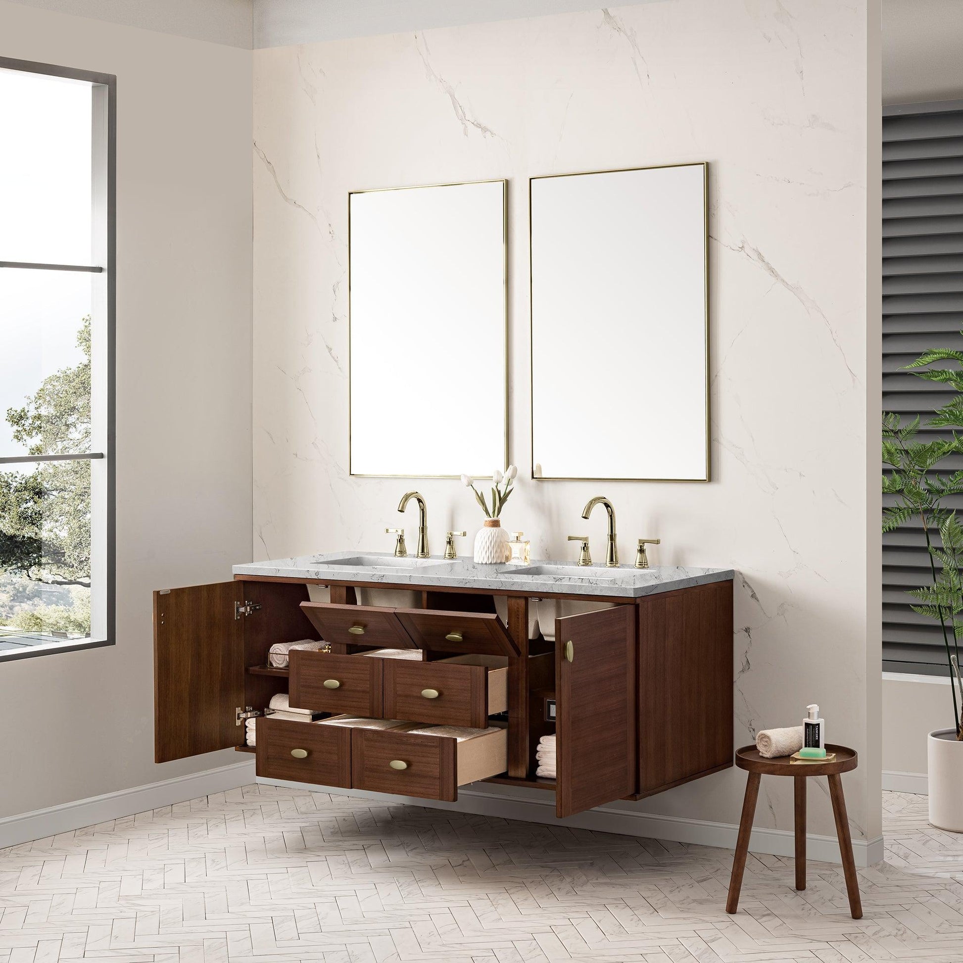 James Martin Vanities Amberly 60" Mid-Century Walnut Double Vanity With 3cm Eternal Jasmine Pearl Top