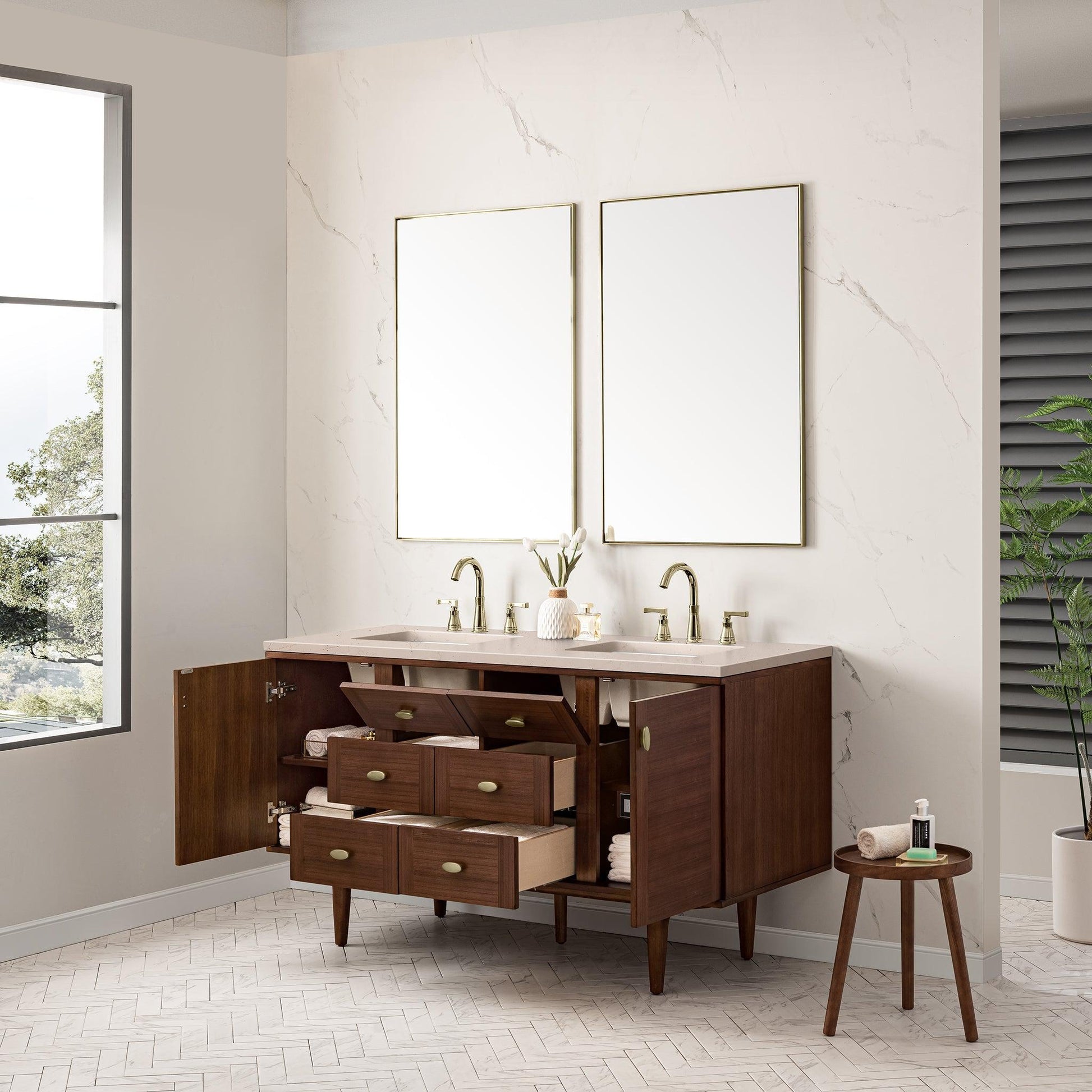 James Martin Vanities Amberly 60" Mid-Century Walnut Double Vanity With 3cm Eternal Marfil Top