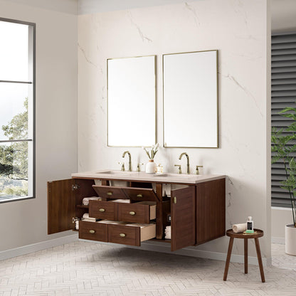 James Martin Vanities Amberly 60" Mid-Century Walnut Double Vanity With 3cm Eternal Marfil Top