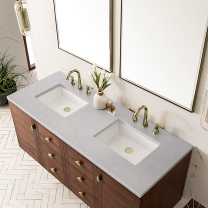 James Martin Vanities Amberly 60" Mid-Century Walnut Double Vanity With 3cm Eternal Serena Top