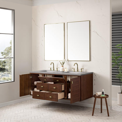 James Martin Vanities Amberly 60" Mid-Century Walnut Double Vanity With 3cm Eternal Serena Top