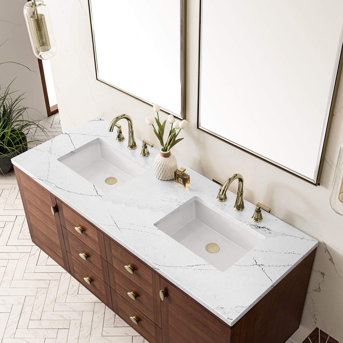 James Martin Vanities Amberly 60" Mid-Century Walnut Double Vanity With 3cm Ethereal Noctis Top