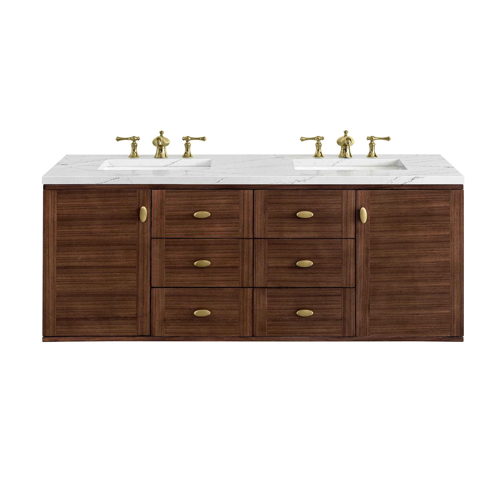 James Martin Vanities Amberly 60" Mid-Century Walnut Double Vanity With 3cm Ethereal Noctis Top