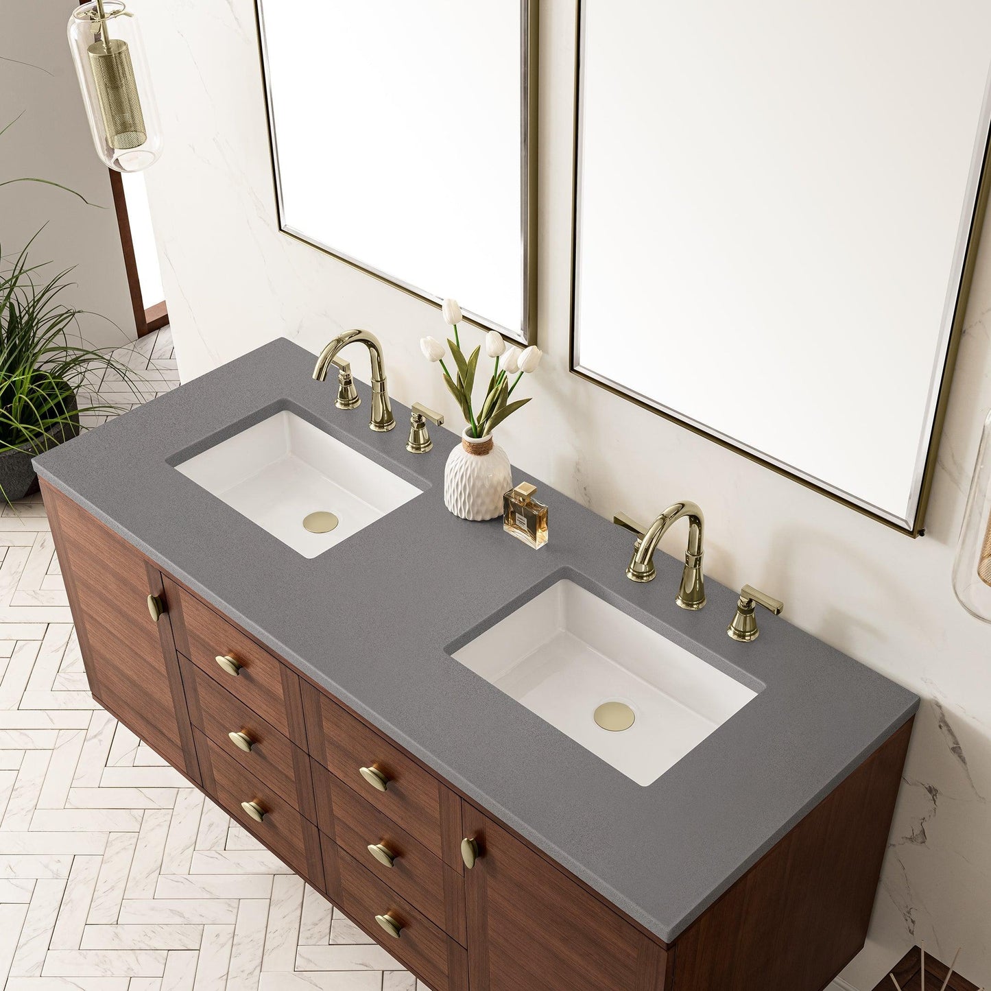 James Martin Vanities Amberly 60" Mid-Century Walnut Double Vanity With 3cm Grey Expo Top