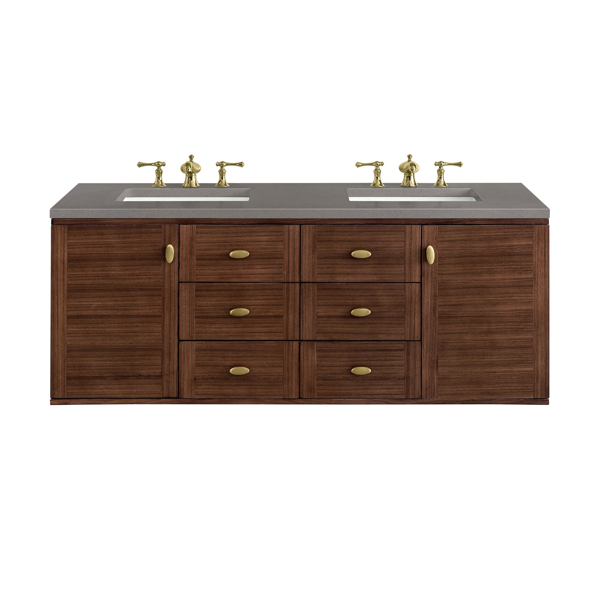 James Martin Vanities Amberly 60" Mid-Century Walnut Double Vanity With 3cm Grey Expo Top