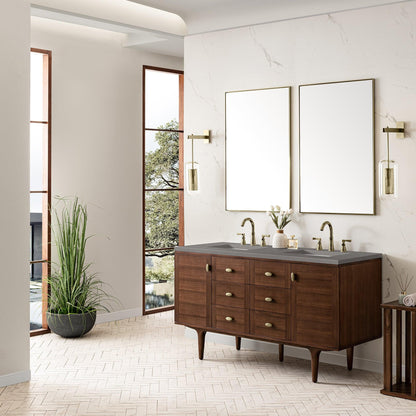 James Martin Vanities Amberly 60" Mid-Century Walnut Double Vanity With 3cm Grey Expo Top