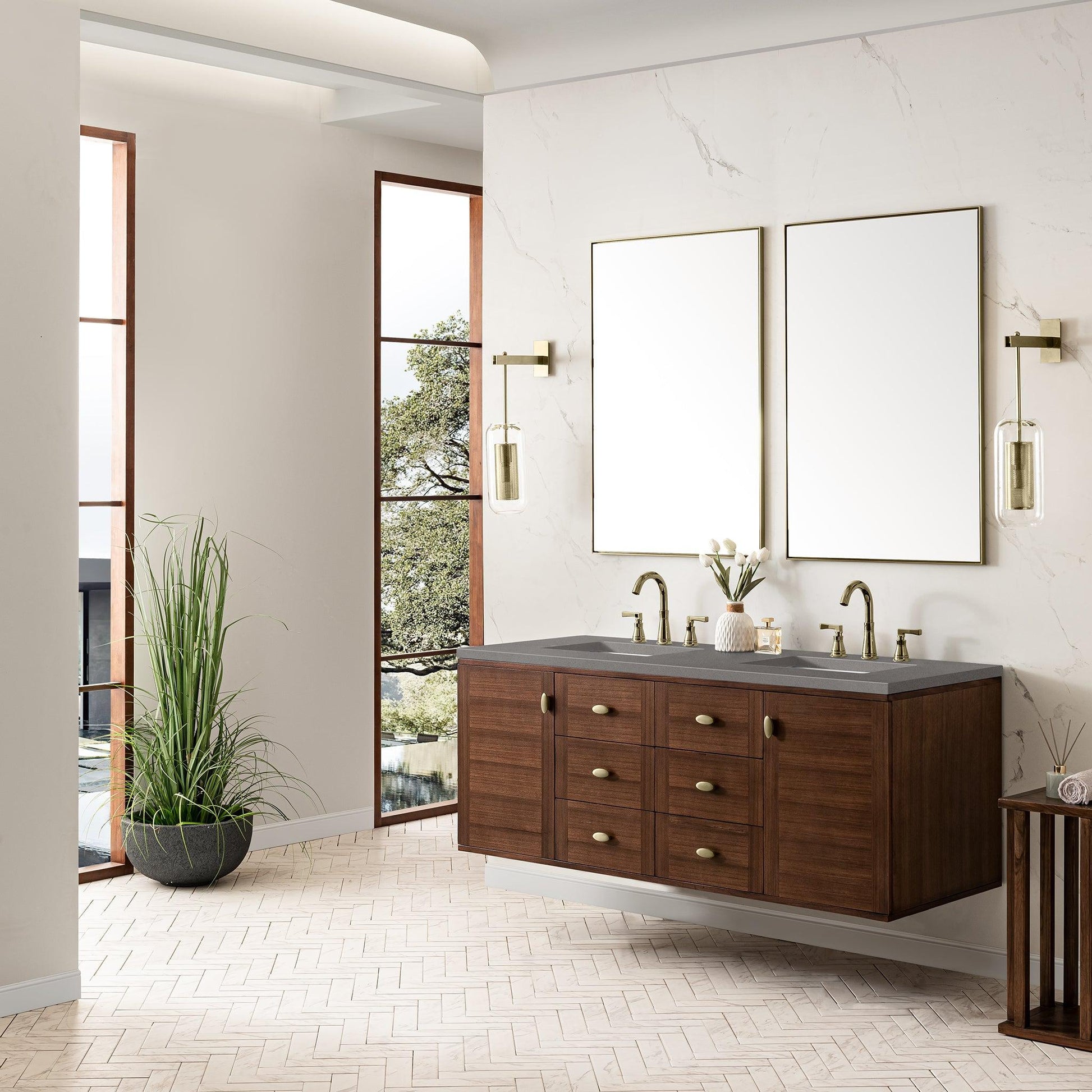 James Martin Vanities Amberly 60" Mid-Century Walnut Double Vanity With 3cm Grey Expo Top