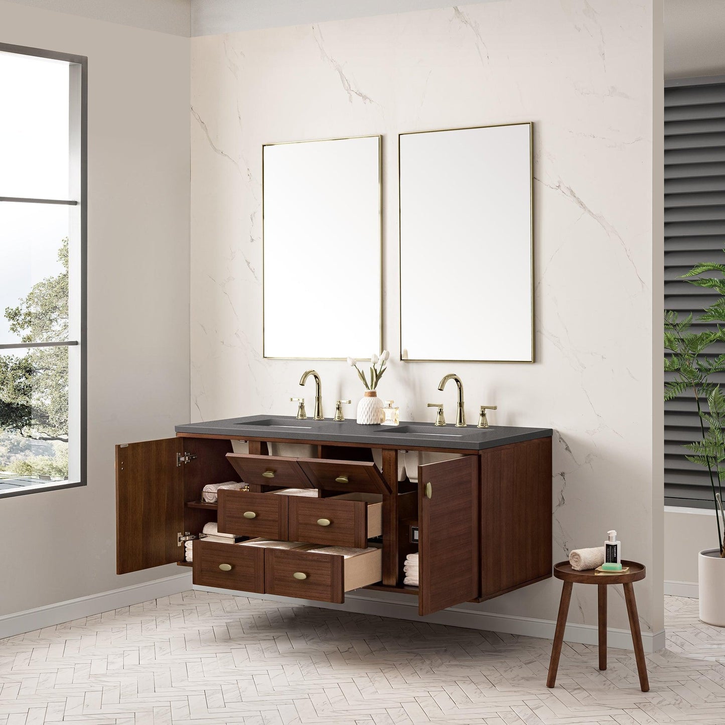 James Martin Vanities Amberly 60" Mid-Century Walnut Double Vanity With 3cm Grey Expo Top