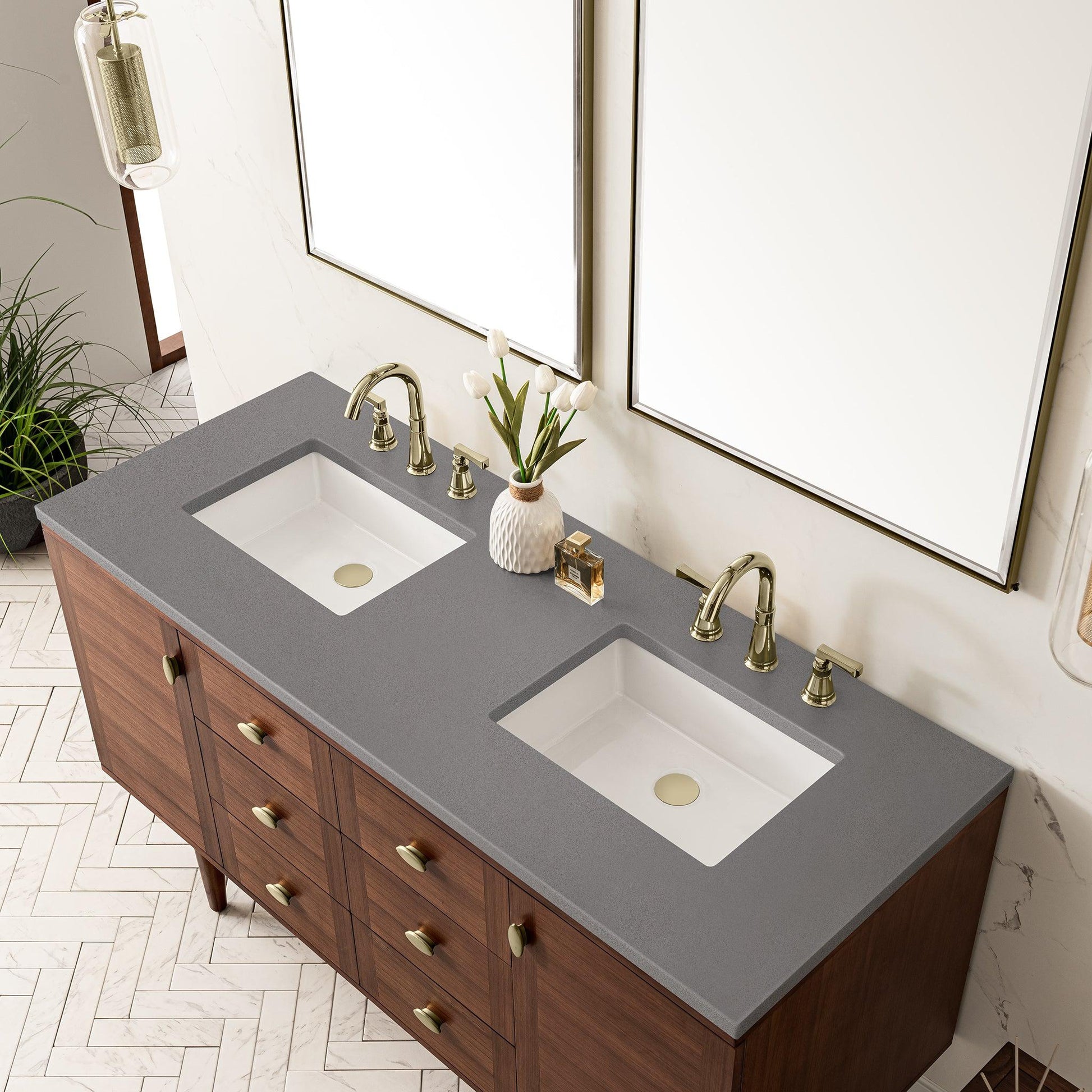 James Martin Vanities Amberly 60" Mid-Century Walnut Double Vanity With 3cm Grey Expo Top