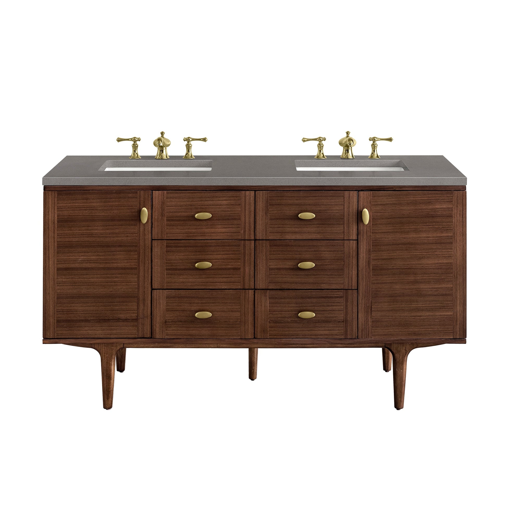 James Martin Vanities Amberly 60" Mid-Century Walnut Double Vanity With 3cm Grey Expo Top