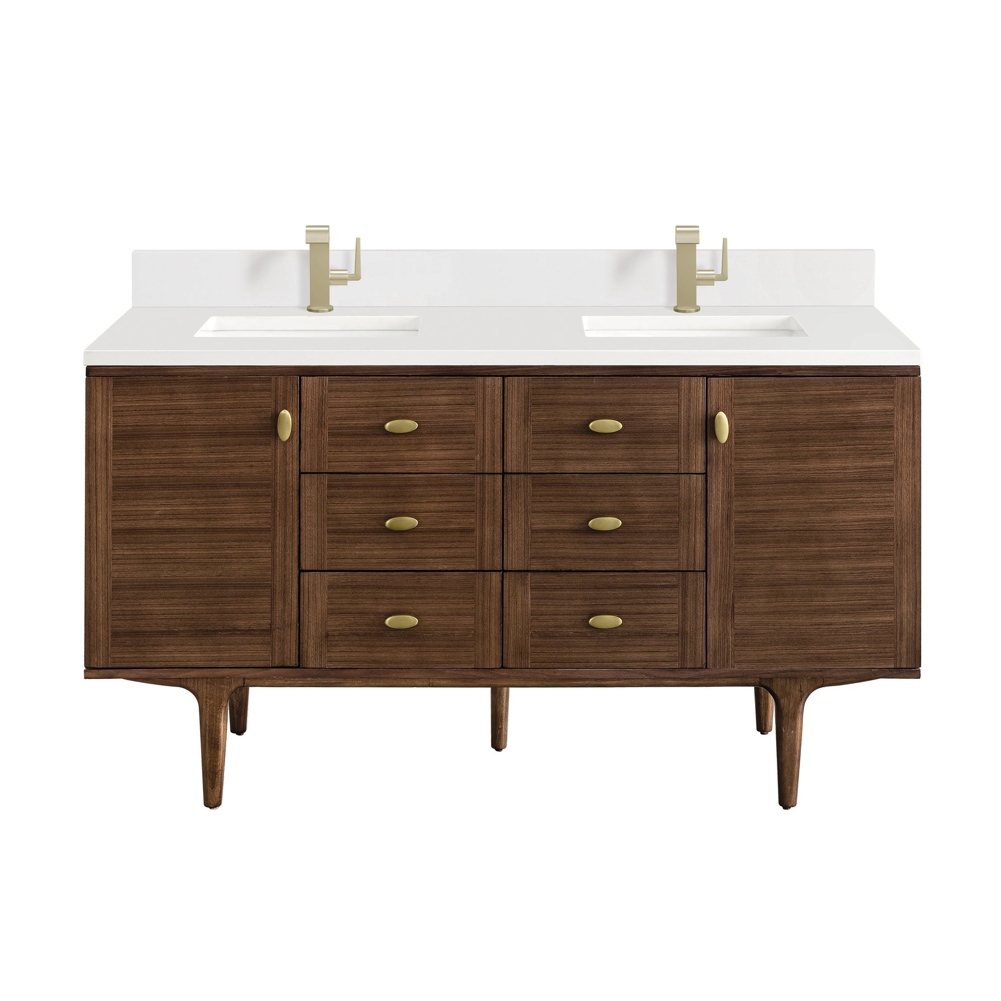 James Martin Vanities Amberly 60" Mid-Century Walnut Double Vanity With Single Hole 3 cm White Zeus Top & Backsplash