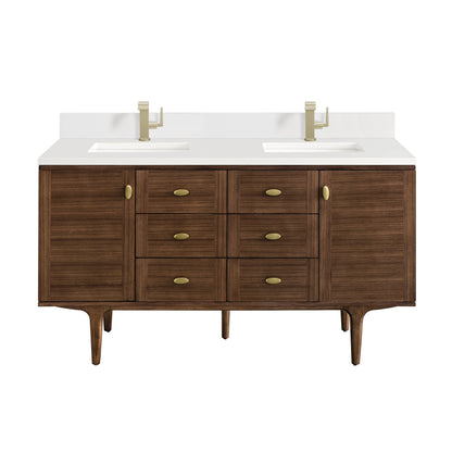 James Martin Vanities Amberly 60" Mid-Century Walnut Double Vanity With Single Hole 3 cm White Zeus Top & Backsplash