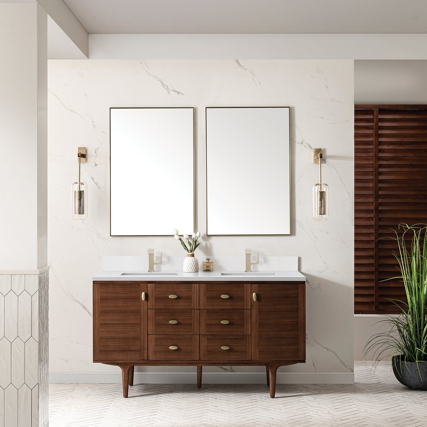 James Martin Vanities Amberly 60" Mid-Century Walnut Double Vanity With Single Hole 3 cm White Zeus Top & Backsplash