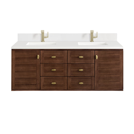 James Martin Vanities Amberly 60" Mid-Century Walnut Double Vanity With Single Hole 3 cm White Zeus Top & Backsplash