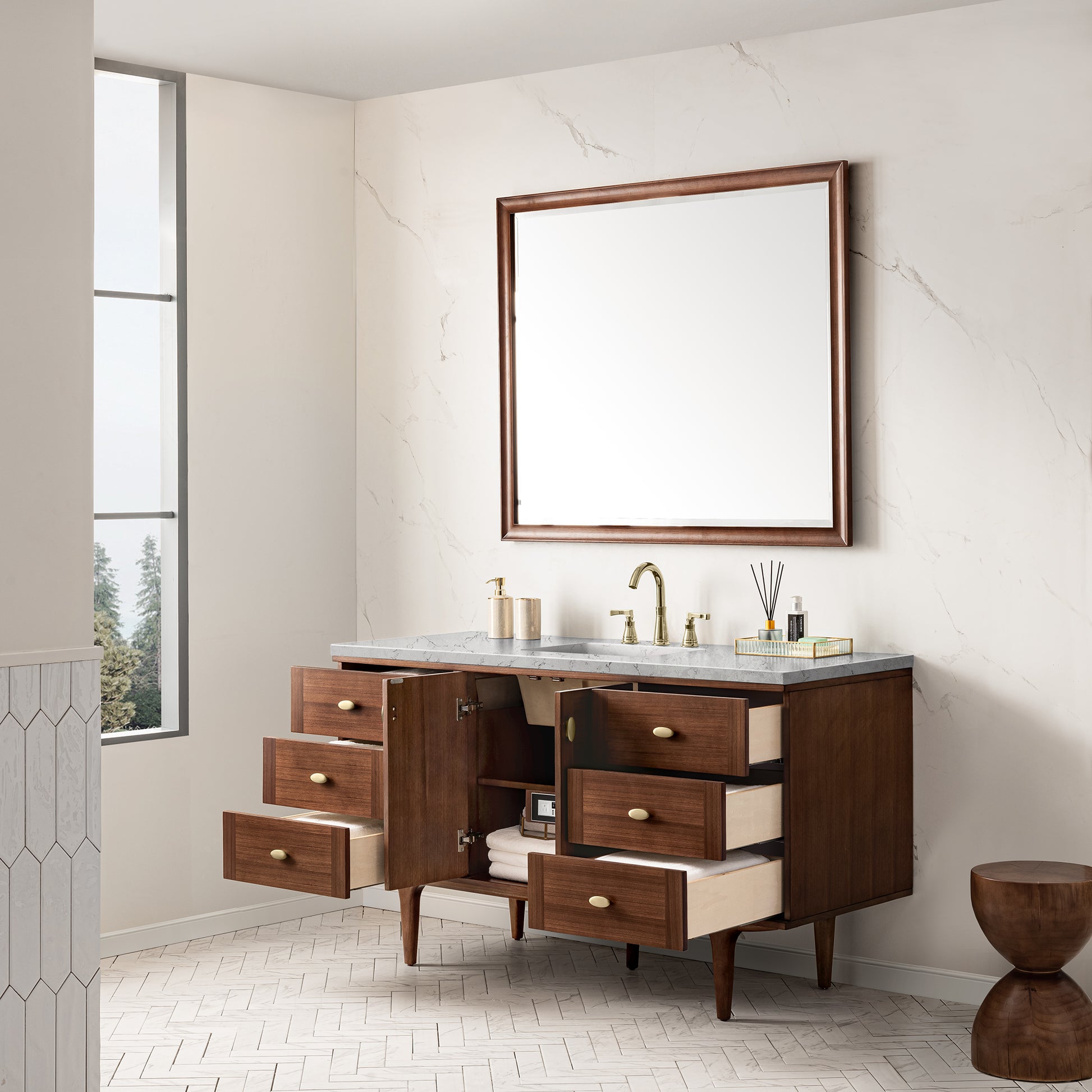 James Martin Vanities Amberly 60" Mid-Century Walnut Single Vanity With 3 cm Eternal Jasmine Pearl Top and FreePower Wireless Charger