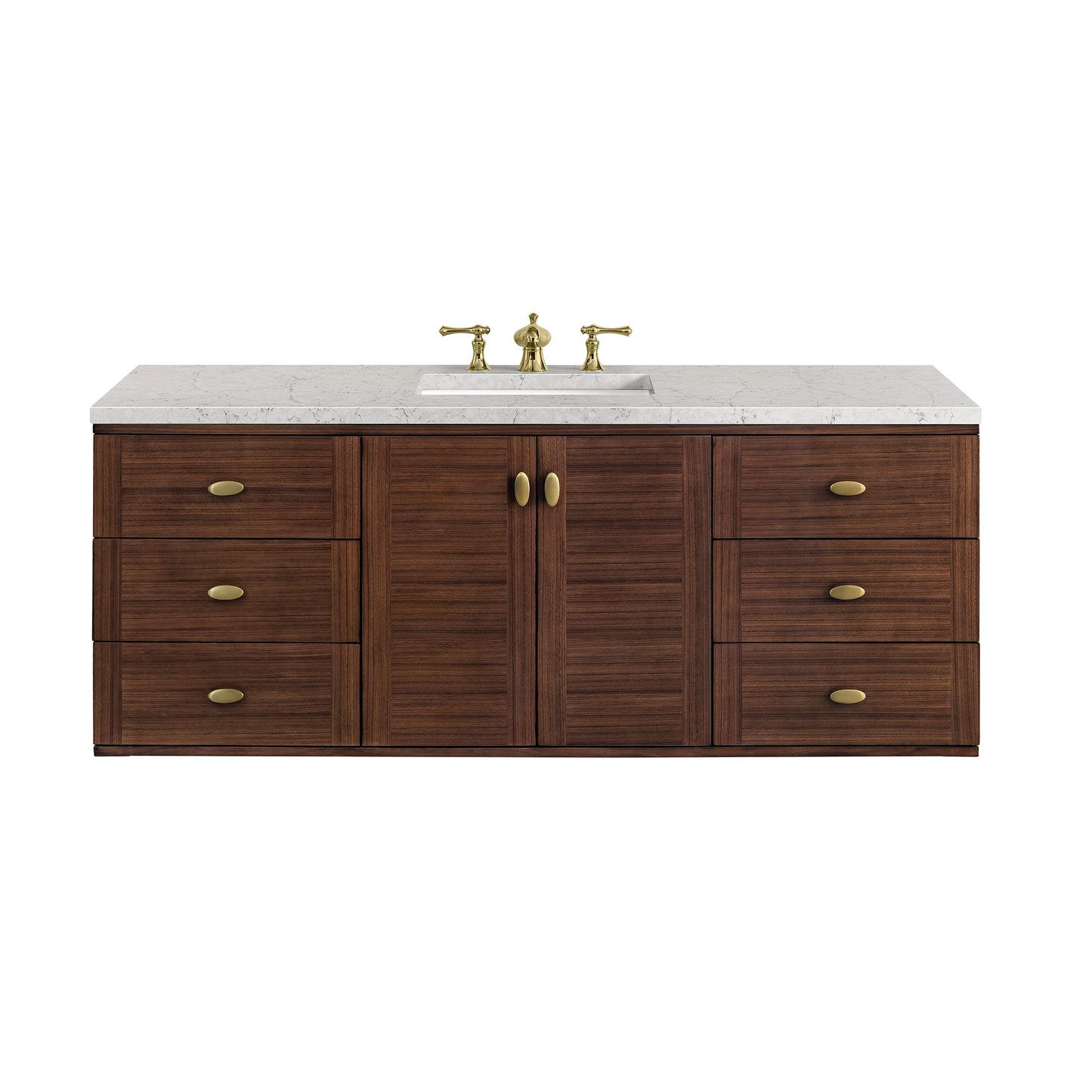 James Martin Vanities Amberly 60" Mid-Century Walnut Single Vanity With 3 cm Eternal Jasmine Pearl Top and FreePower Wireless Charger