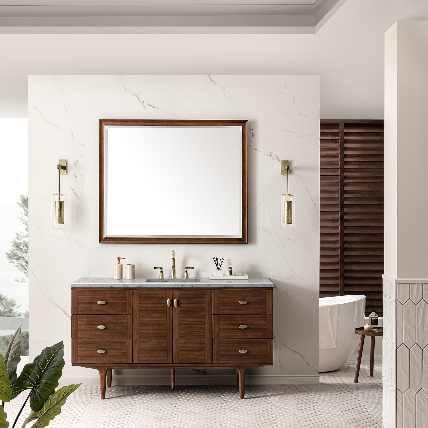 James Martin Vanities Amberly 60" Mid-Century Walnut Single Vanity With 3 cm Eternal Jasmine Pearl Top and FreePower Wireless Charger