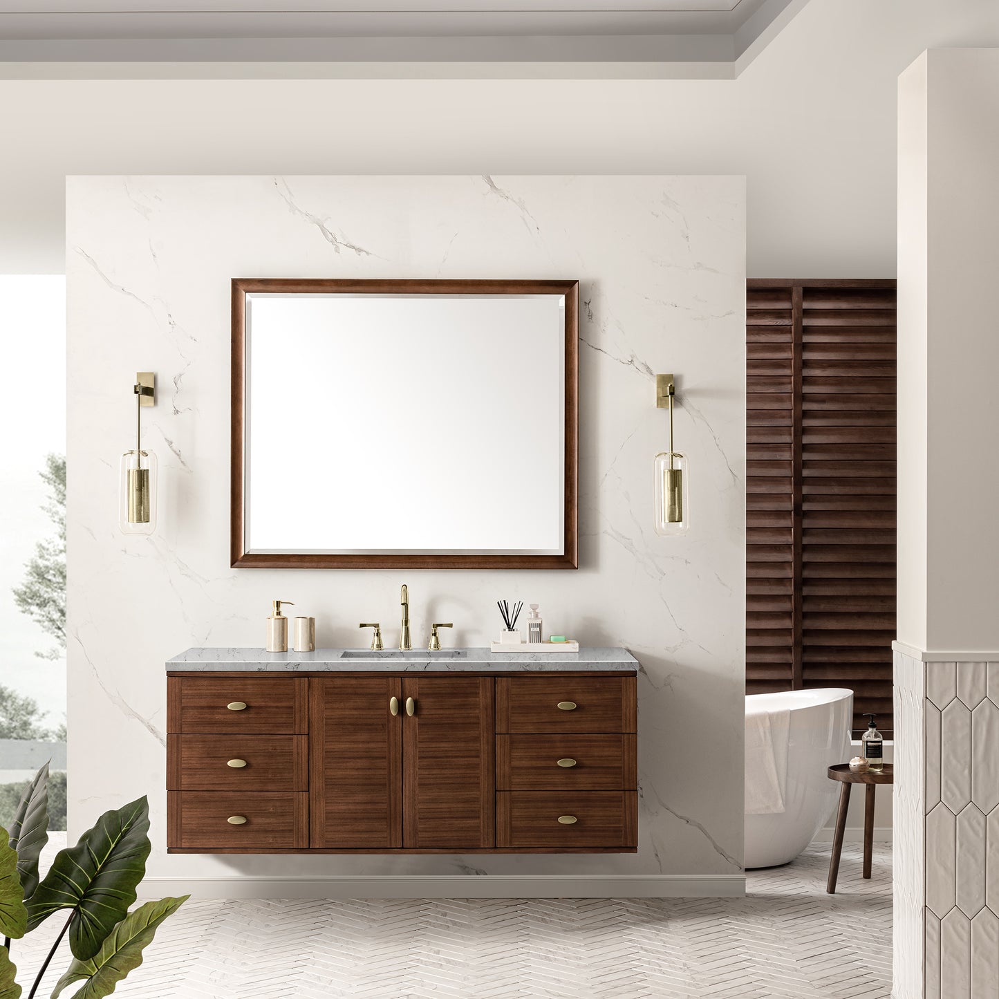 James Martin Vanities Amberly 60" Mid-Century Walnut Single Vanity With 3 cm Eternal Jasmine Pearl Top and FreePower Wireless Charger